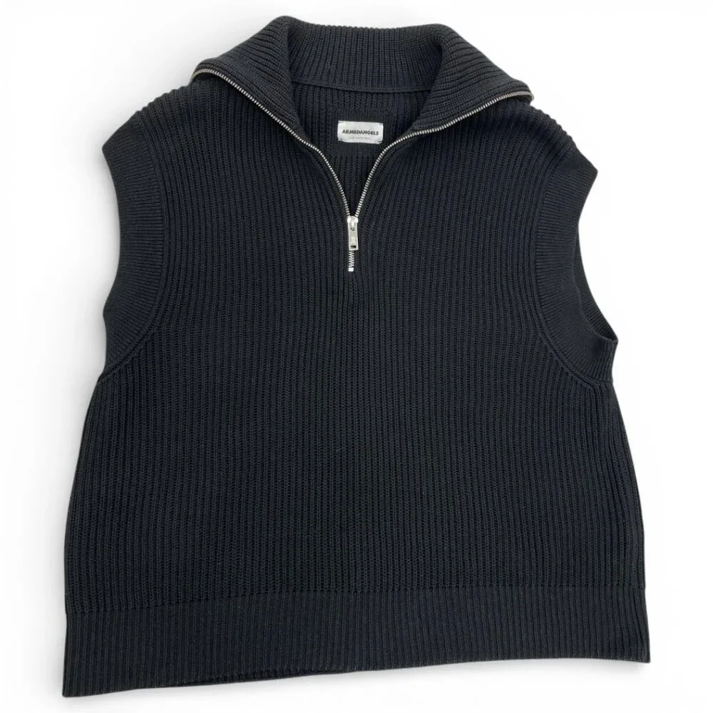 Armedangels Aylaa Sleeveless Sweater Ribbed Black Knit Vest Zip Collar Women XS - Picture 2 of 10